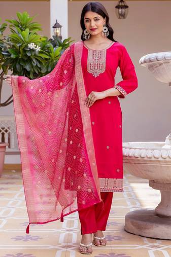 Pink color viscose chanderi fabric beautiful partywear dress for girls