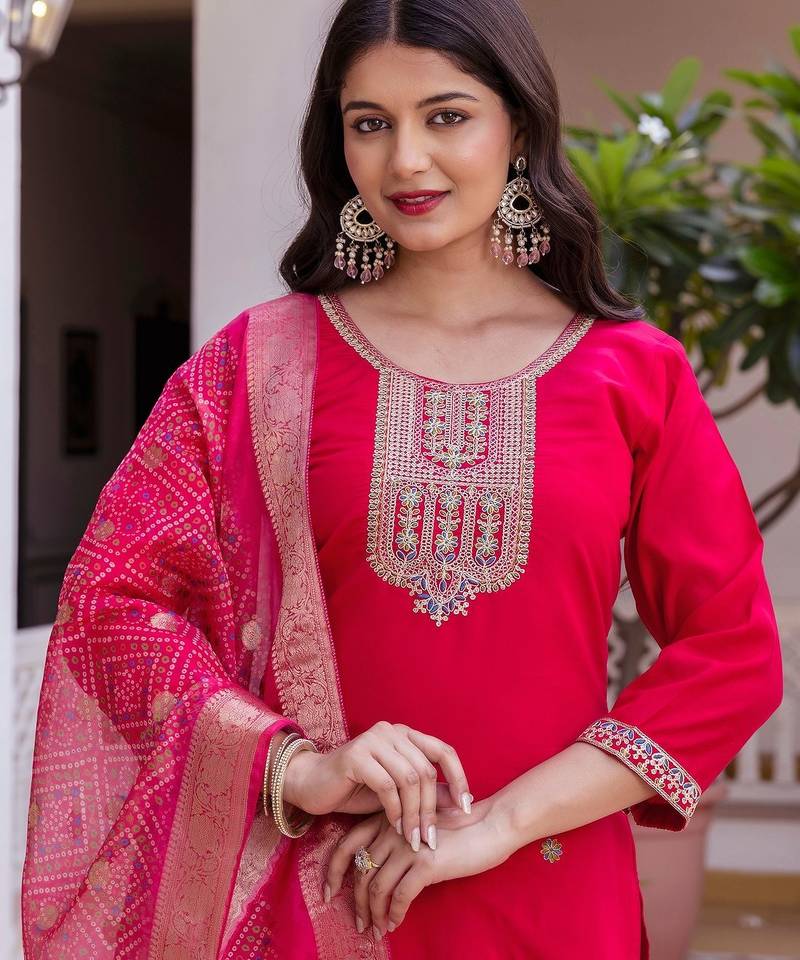 Pink color viscose chanderi fabric beautiful partywear dress for girls