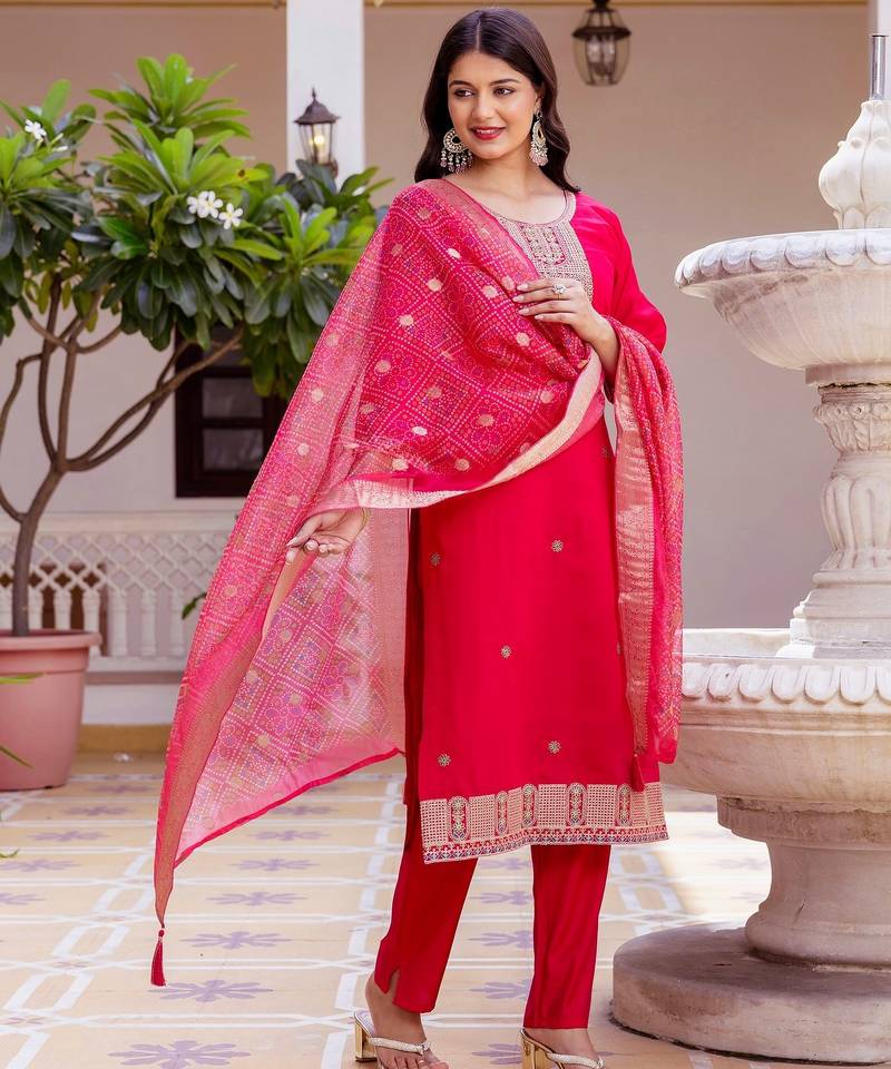Pink color viscose chanderi fabric beautiful partywear dress for girls