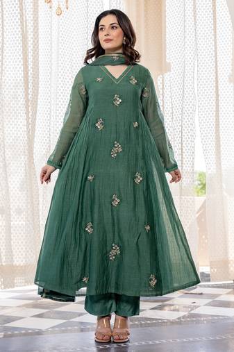 Green color chanderi fabric beautiful partywear dress for girls