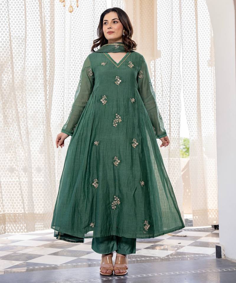 Green color chanderi fabric beautiful partywear dress for girls