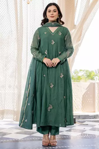 Green color chanderi beautiful partywear dress for girls