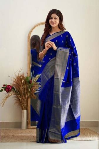 Blue soft silk blend banarasi jacuard work designer saree with blouse