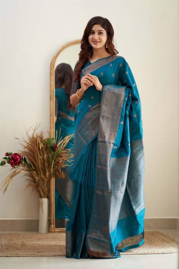 Turquoise soft silk blend banarasi jacuard work designer saree with blouse