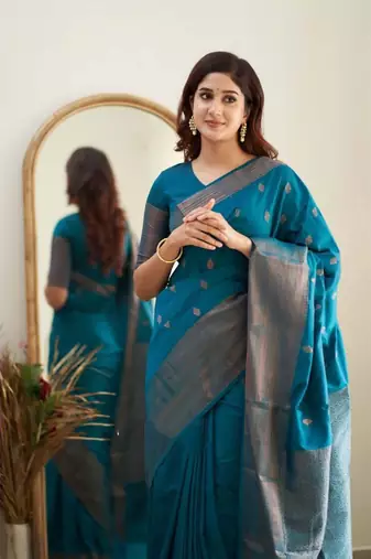 Turquoise soft silk blend banarasi jacuard work designer saree with blouse
