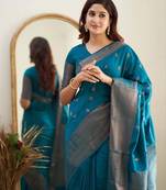 Turquoise soft silk blend banarasi jacuard work designer saree with blouse