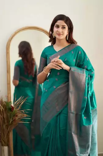 Sea green soft silk blend banarasi jacuard work designer saree with blouse