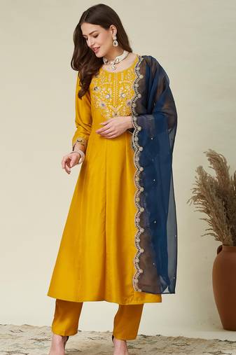 Yellow color vichitra fabric beautiful partywear dress for girls