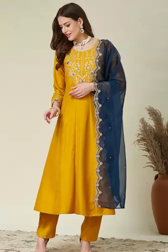 Yellow color vichitra fabric beautiful partywear dress for girls
