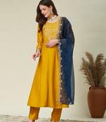 Yellow color vichitra fabric beautiful partywear dress for girls