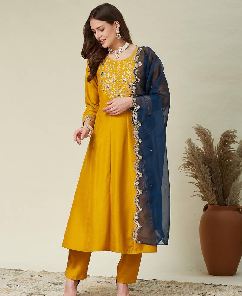 Yellow color vichitra fabric beautiful partywear dress for girls