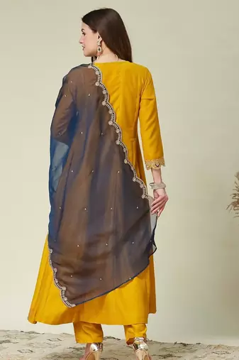 Yellow color vichitra beautiful partywear dress for girls