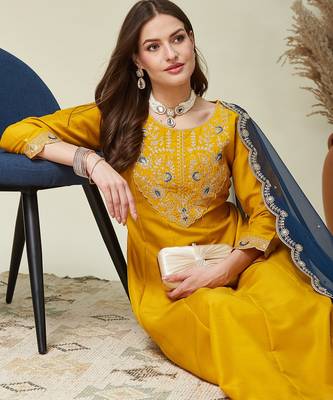 Yellow color vichitra beautiful partywear dress for girls 3