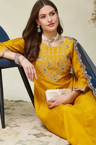 Yellow color vichitra beautiful partywear dress for girls