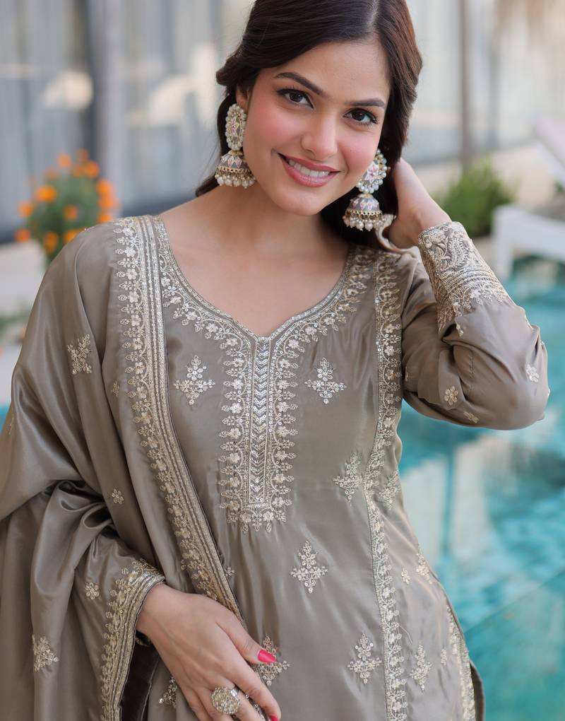 Grey color beautiful ho silk fabric stylish ceremonial attire