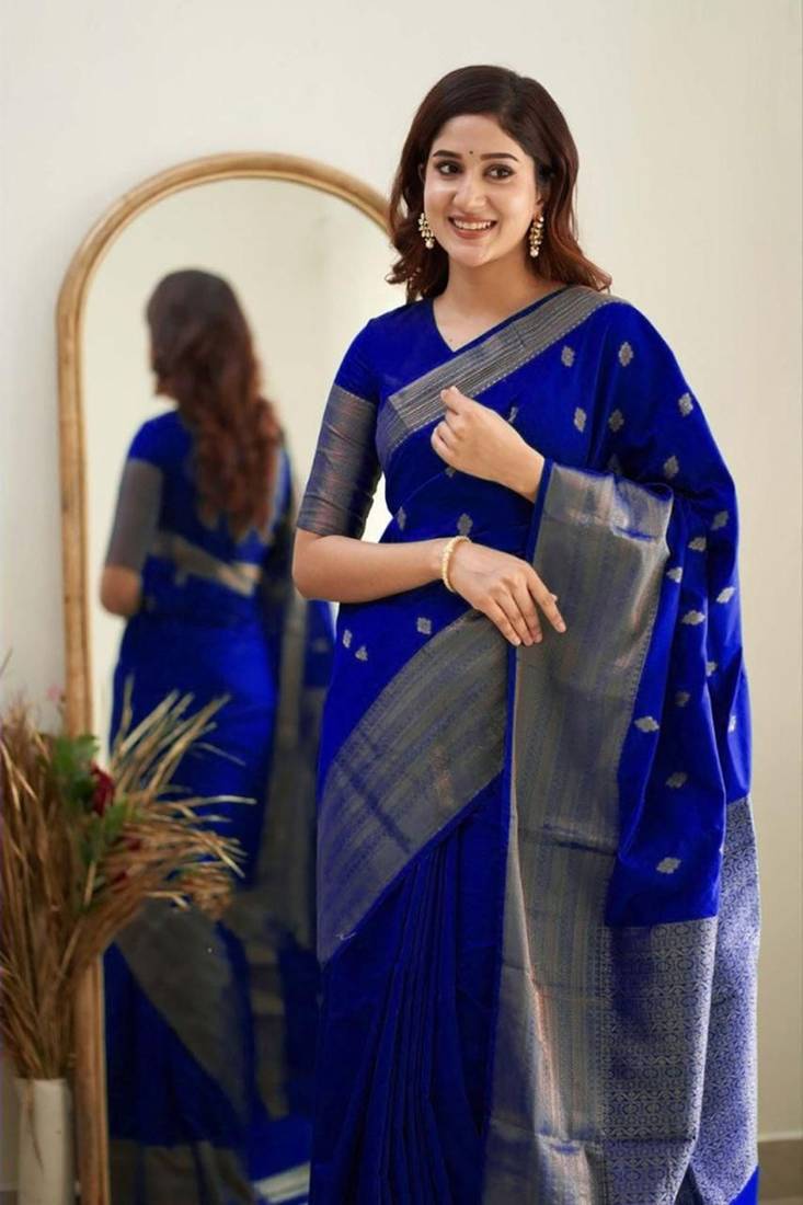 Royal blue soft silk blend banarasi jacuard work designer saree with blouse