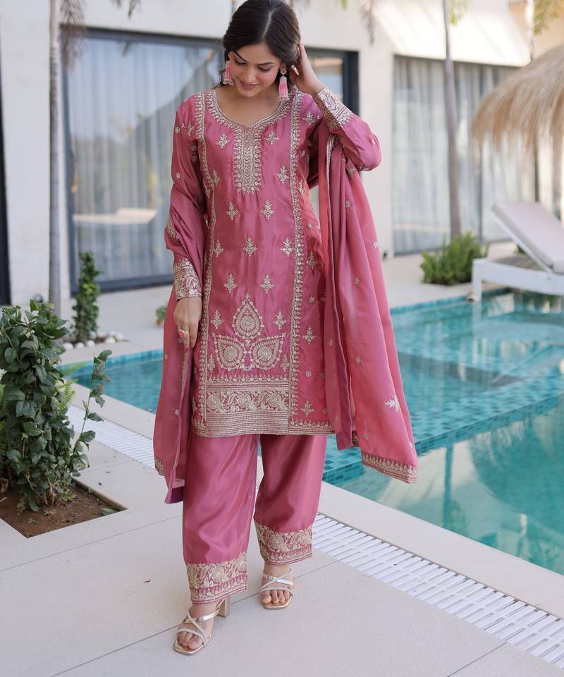 Pink color beautiful ho silk fabric stylish ceremonial attire