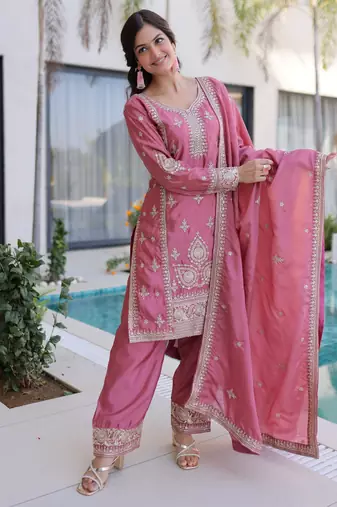 Pink color beautiful ho silk stylish ceremonial attire