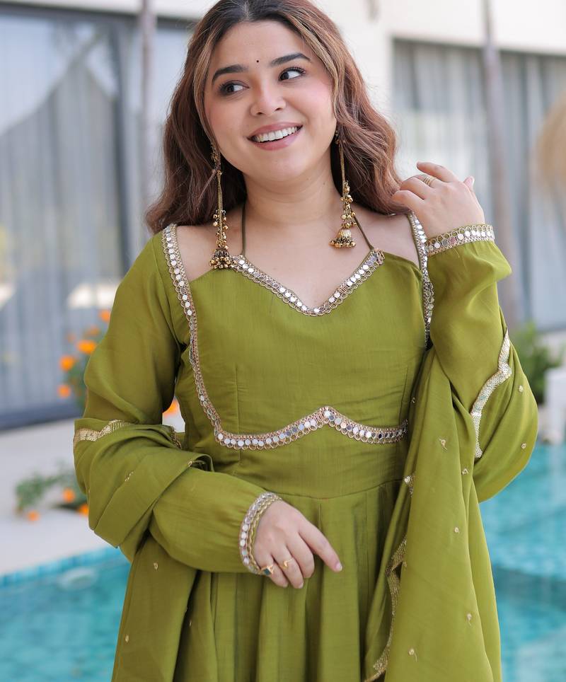 Green color beautiful mul chanderi fabric stylish ceremonial attire