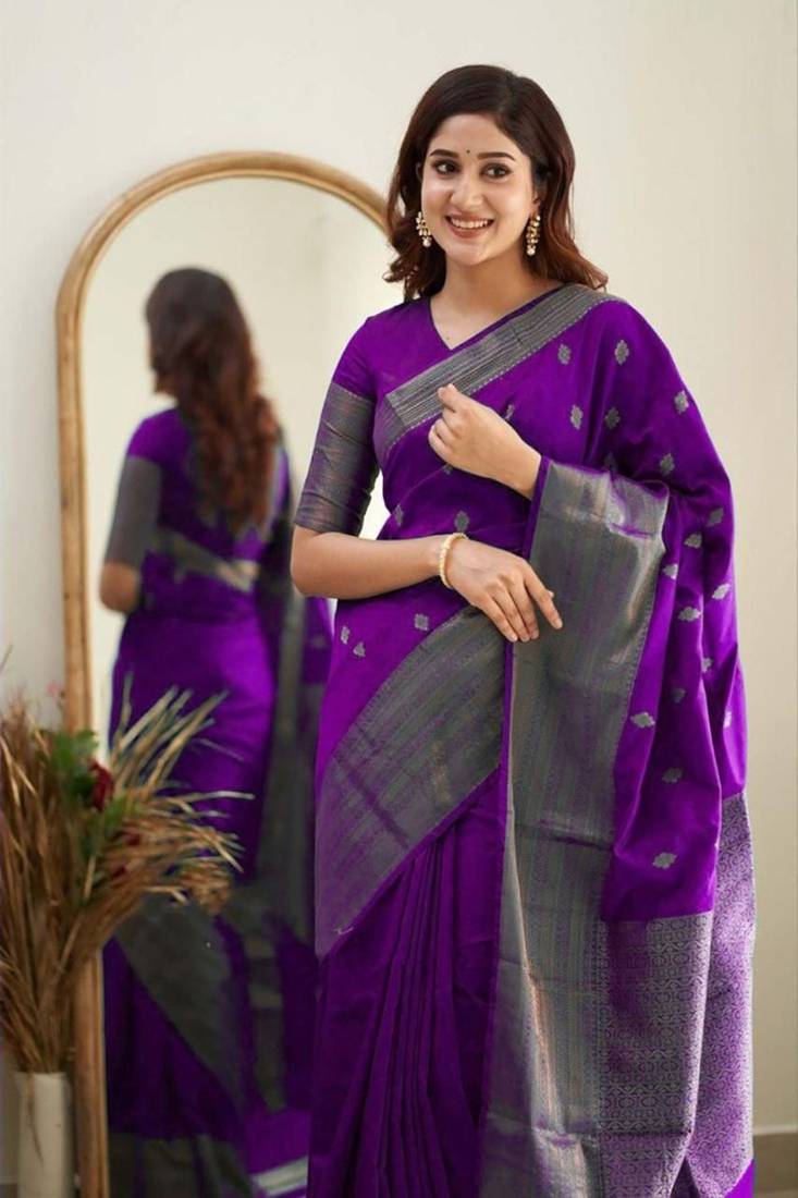 Purple soft silk blend banarasi jacuard work designer saree with blouse