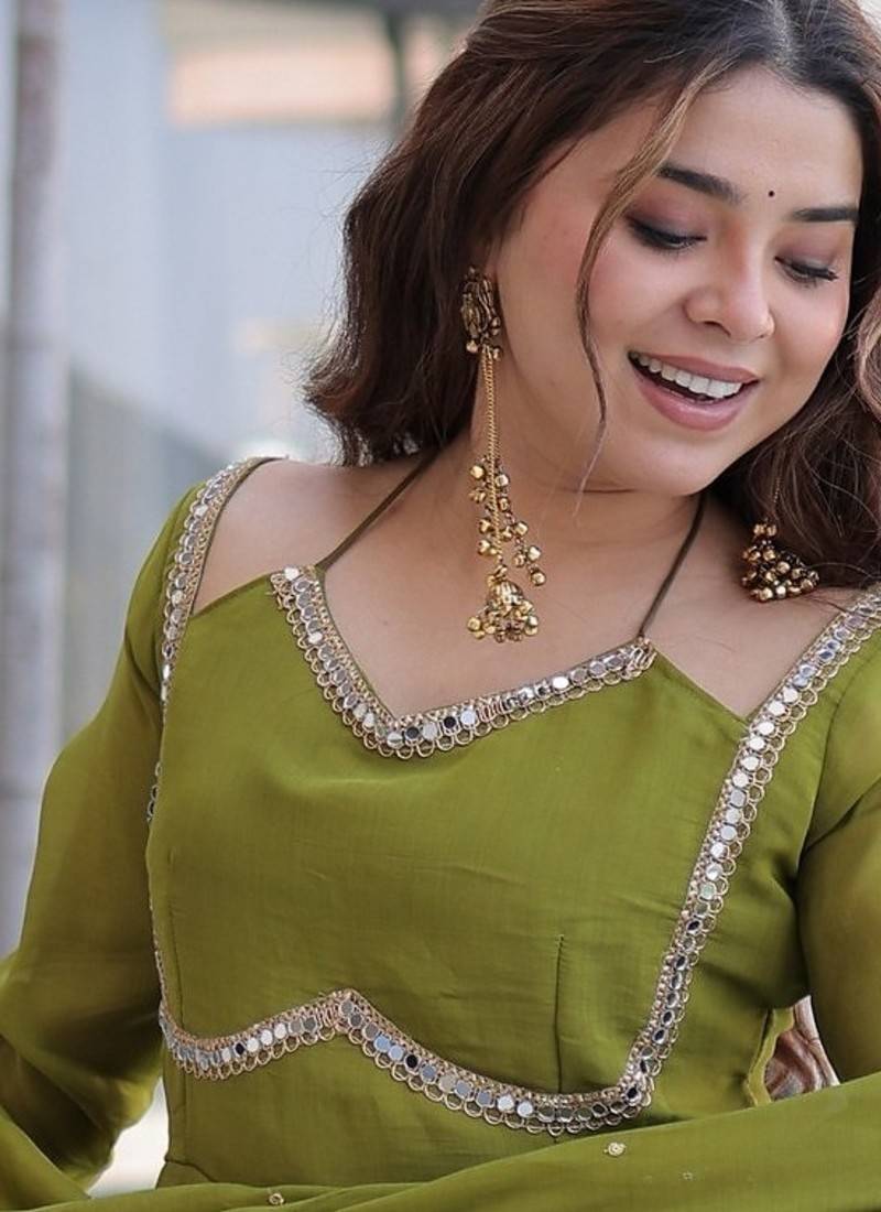 Green color beautiful mul chanderi fabric stylish ceremonial attire