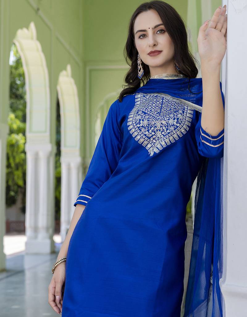 Royal blue color silk blended ethnic partywear ceremonial suit
