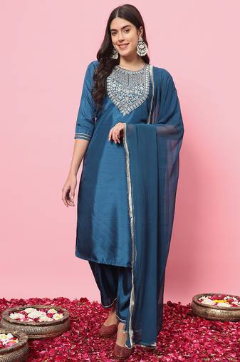 Teal color silk blended ethnic partywear ceremonial suit