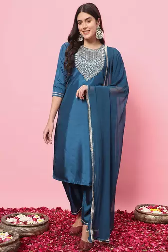 Teal color silk blended ethnic partywear ceremonial suit