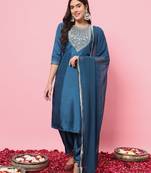 Teal color silk blended ethnic partywear ceremonial suit