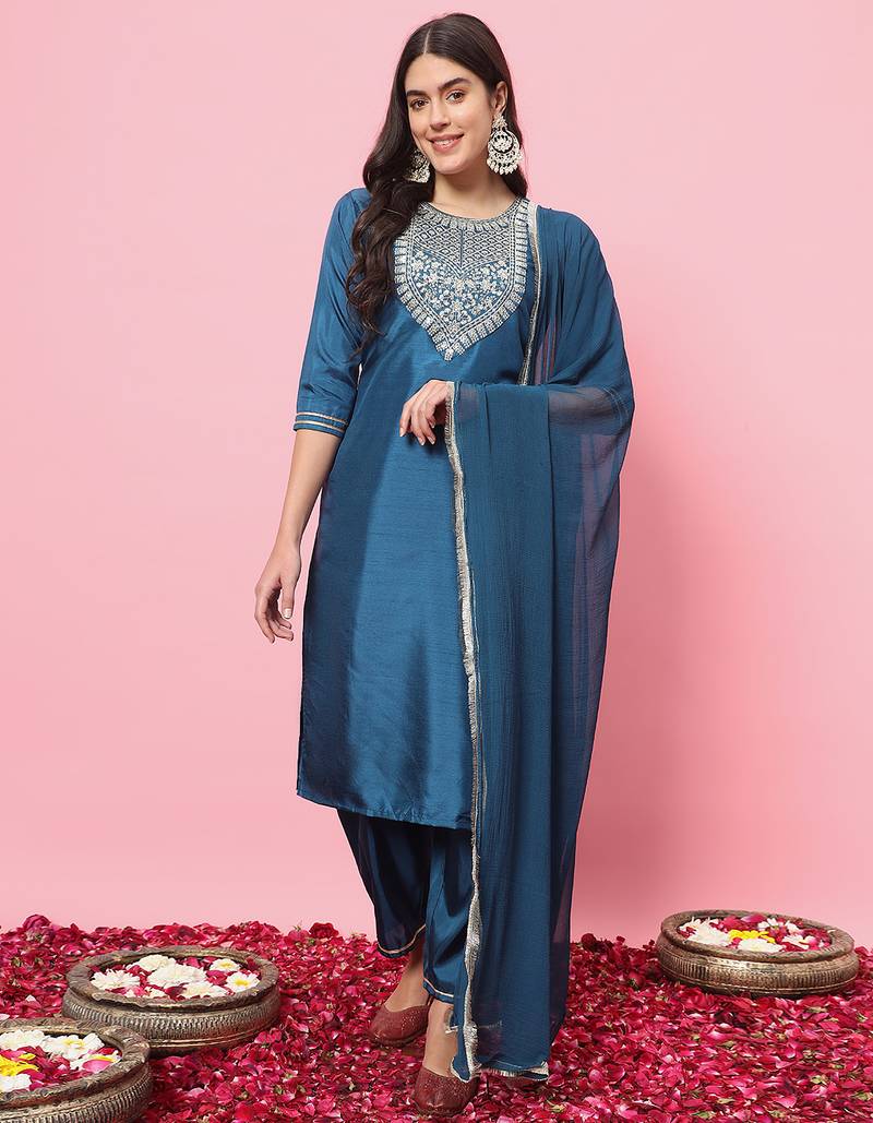 Teal color silk blended ethnic partywear ceremonial suit