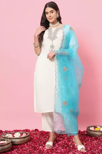 White color silk blended ethnic partywear ceremonial suit