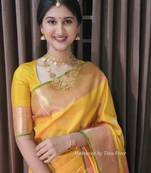 Yellow soft silk blend banarasi jacuard work designer saree with blouse