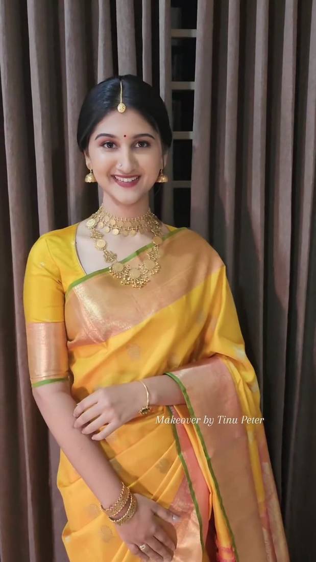 Yellow soft silk blend banarasi jacuard work designer saree with blouse