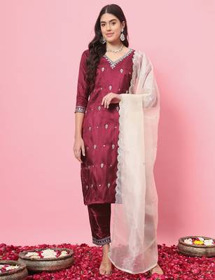 Cherry red color silk blended partywear ceremonial suit 1