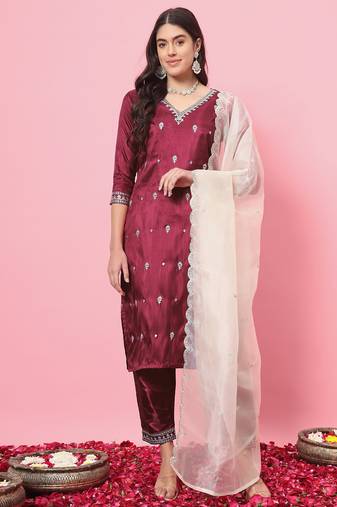 Cherry red color silk blended ethnic partywear ceremonial suit