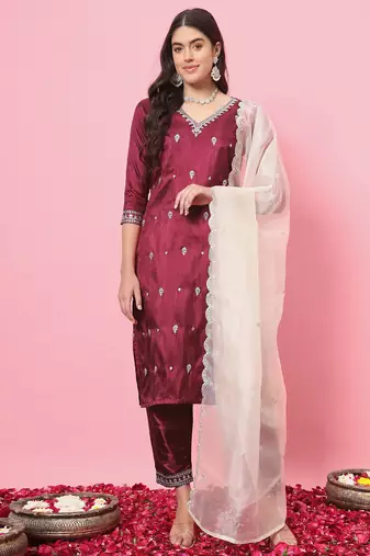 Cherry red color silk blended ethnic partywear ceremonial suit