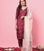 Cherry red color silk blended ethnic partywear ceremonial suit