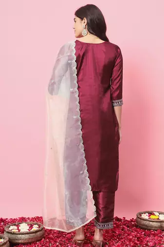 Cherry red color silk blended partywear ceremonial suit