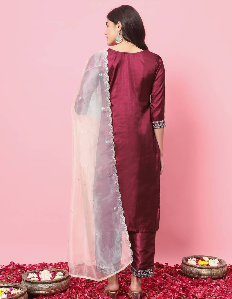 Cherry red color silk blended ethnic partywear ceremonial suit