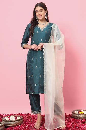 Green color silk blended ethnic partywear ceremonial suit