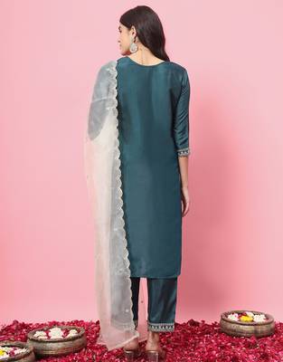 Green color silk blended partywear ceremonial suit 2