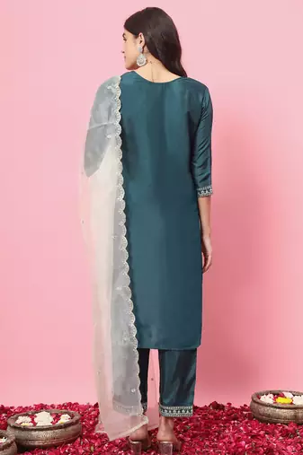 Green color silk blended partywear ceremonial suit