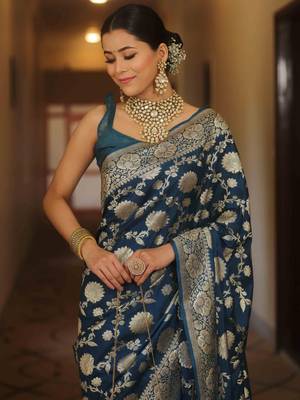 Blue silk blend banarasi jaquard designer saree with blouse 1