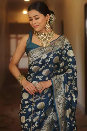 Blue soft silk blend banarasi jacuard work designer saree with blouse
