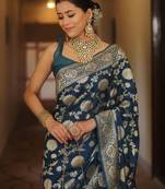 Blue soft silk blend banarasi jacuard work designer saree with blouse
