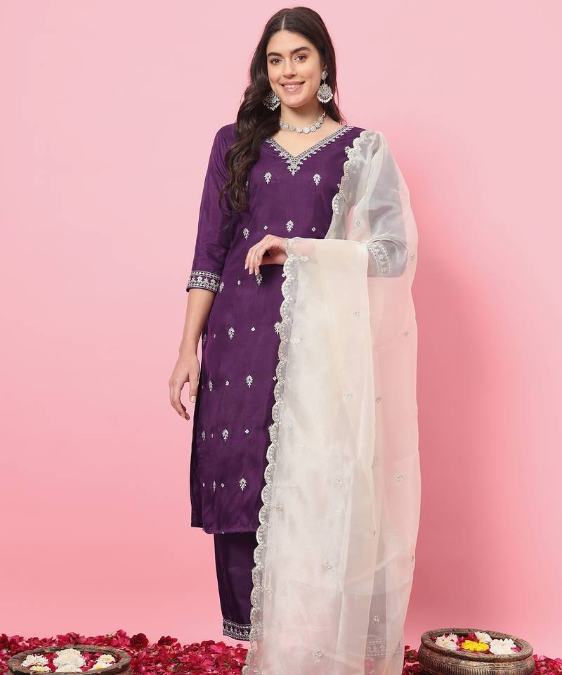 Purple color silk blended ethnic partywear ceremonial suit