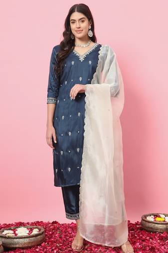 Teal color silk blended ethnic partywear ceremonial suit