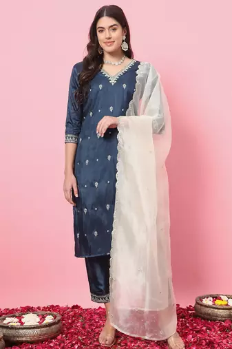 Teal color silk blended ethnic partywear ceremonial suit