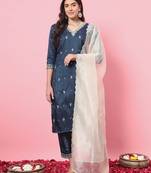 Teal color silk blended ethnic partywear ceremonial suit