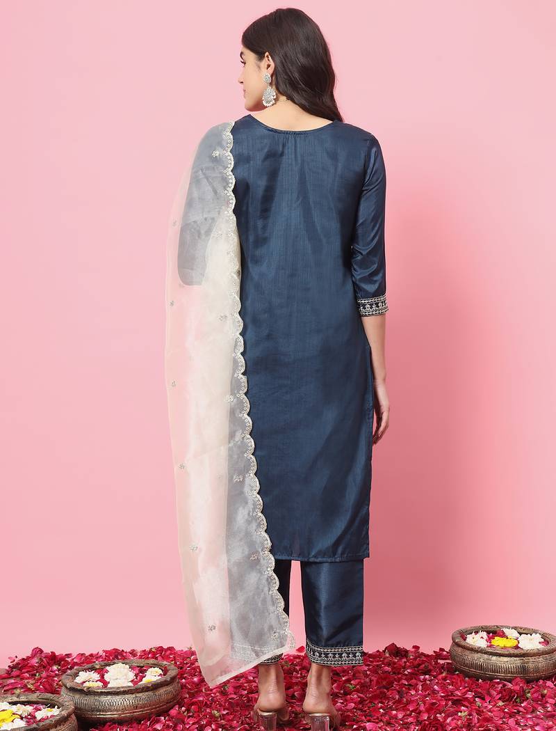 Teal color silk blended ethnic partywear ceremonial suit